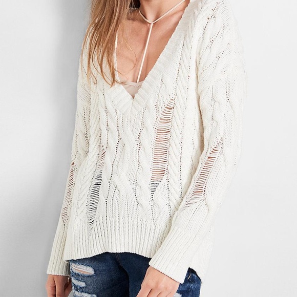 Express Sweaters - NWT Express White Deep-V Cable Knit Sweater M